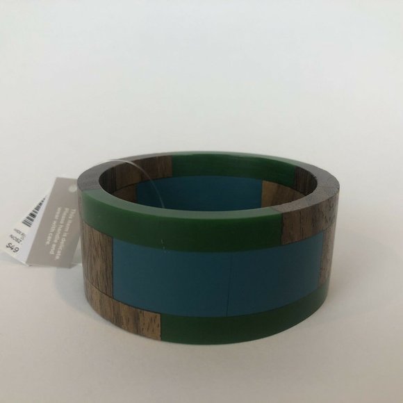 New Chico's Wide Blue and Green Wood Bangle Bracelet - Picture 5 of 10